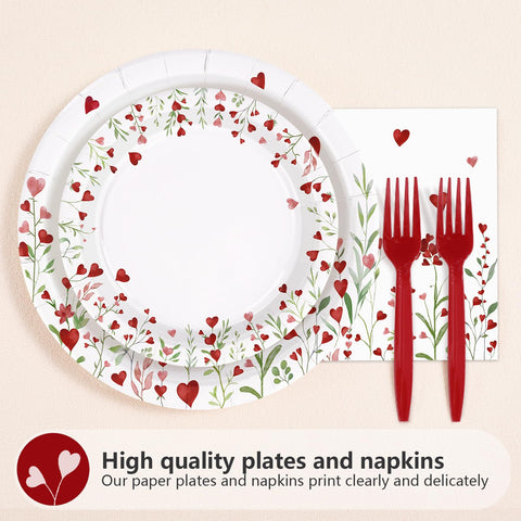 96 Pcs Heart Flowers Party Plates and Napkins - Grencian