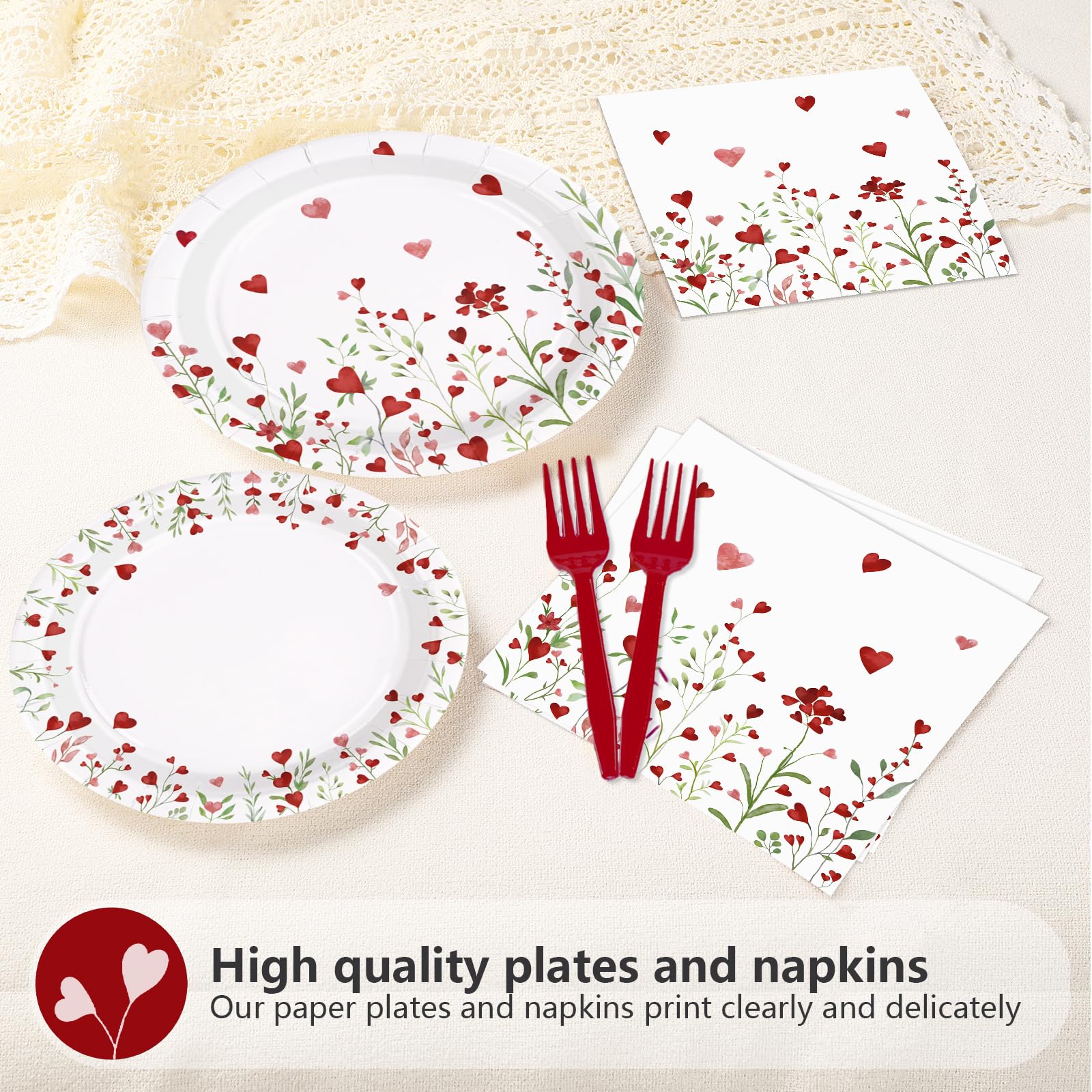 96 Pcs Heart Flowers Party Plates and Napkins - Grencian