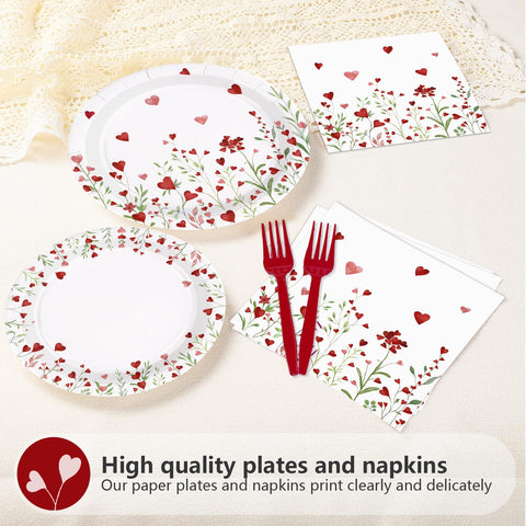 96 Pcs Heart Flowers Party Plates and Napkins - Grencian