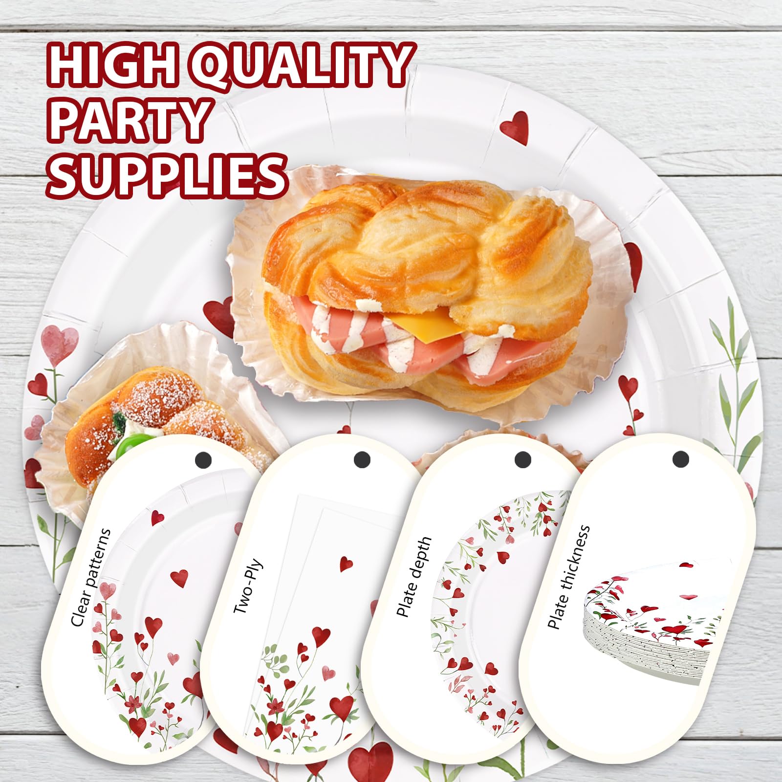 96 Pcs Heart Flowers Party Plates and Napkins - Grencian