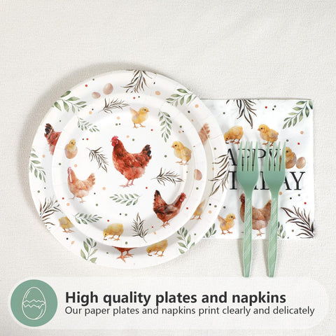 96 Pcs Hen Chick Birthday Party Plates and Napkins - Grencian