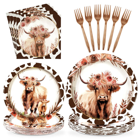 96 Pcs Highland Cow Party Plates and Napkins - Grencian