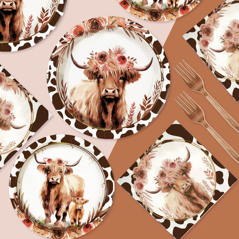 96 Pcs Highland Cow Party Plates and Napkins - Grencian