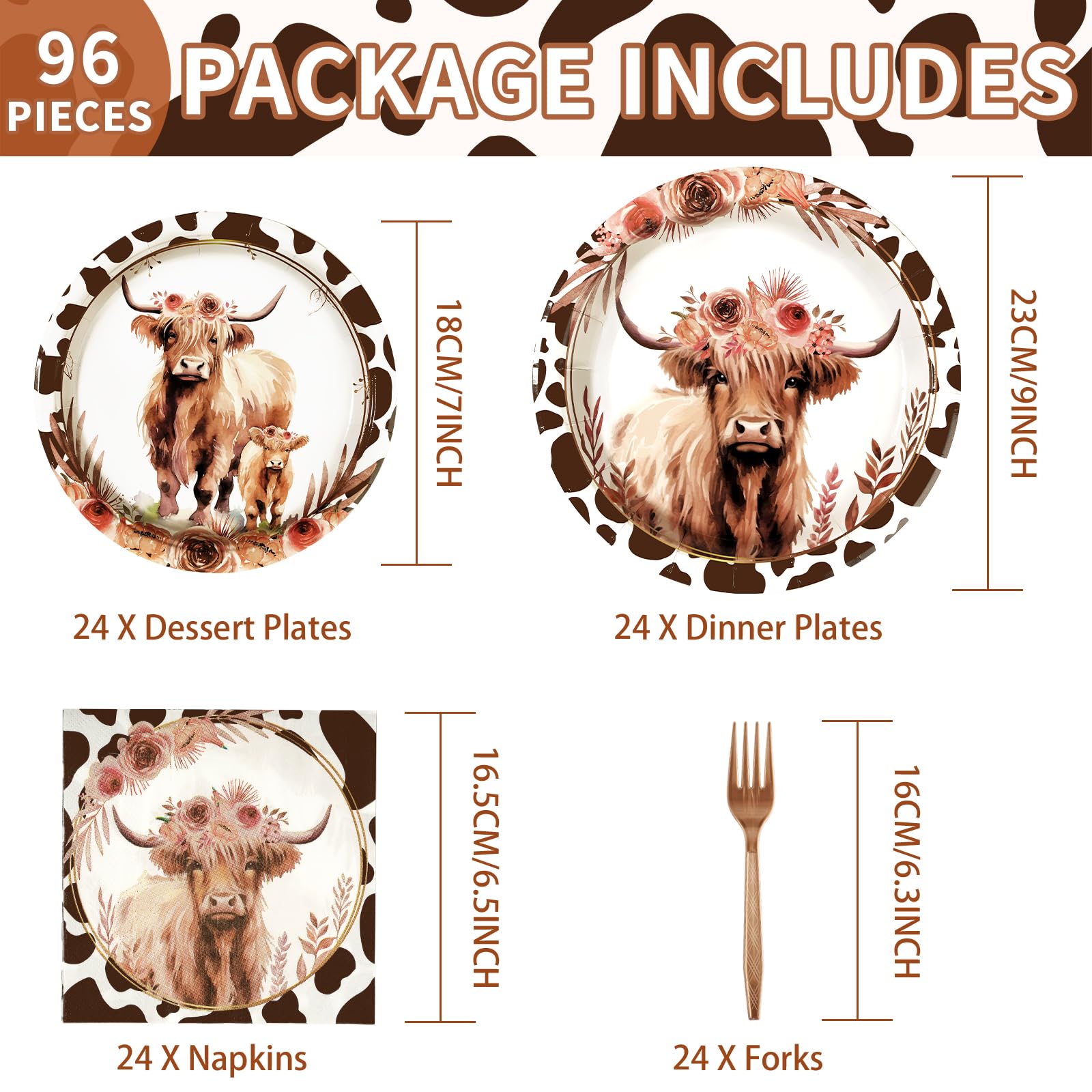 96 Pcs Highland Cow Party Plates and Napkins - Grencian