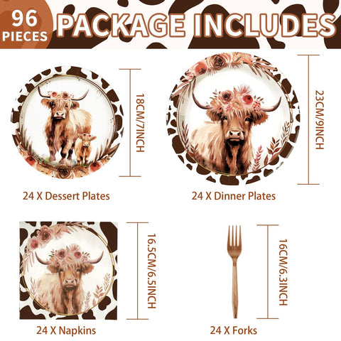 96 Pcs Highland Cow Party Plates and Napkins - Grencian