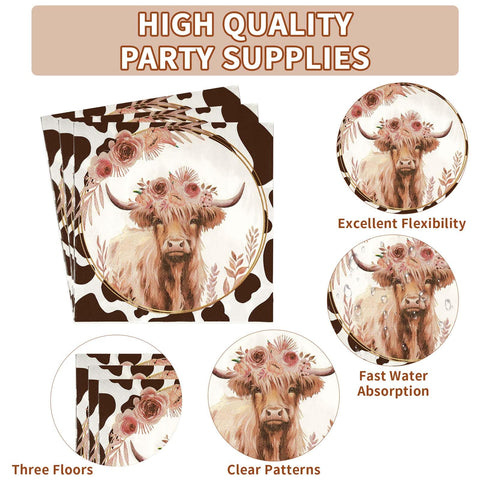 96 Pcs Highland Cow Party Plates and Napkins - Grencian