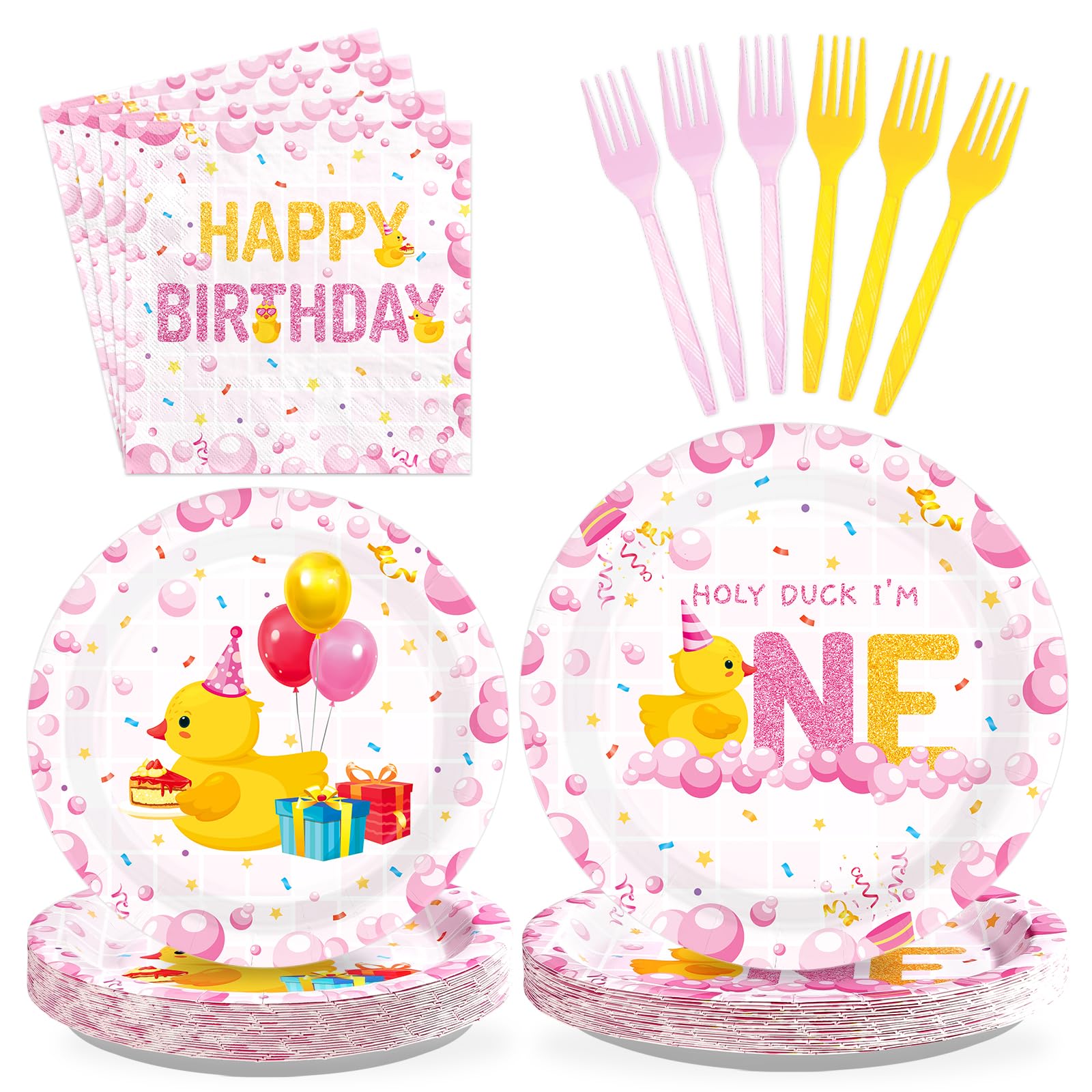 96 Pcs Holy Duck 1st Birthday Party Plates and Napkins - Grencian