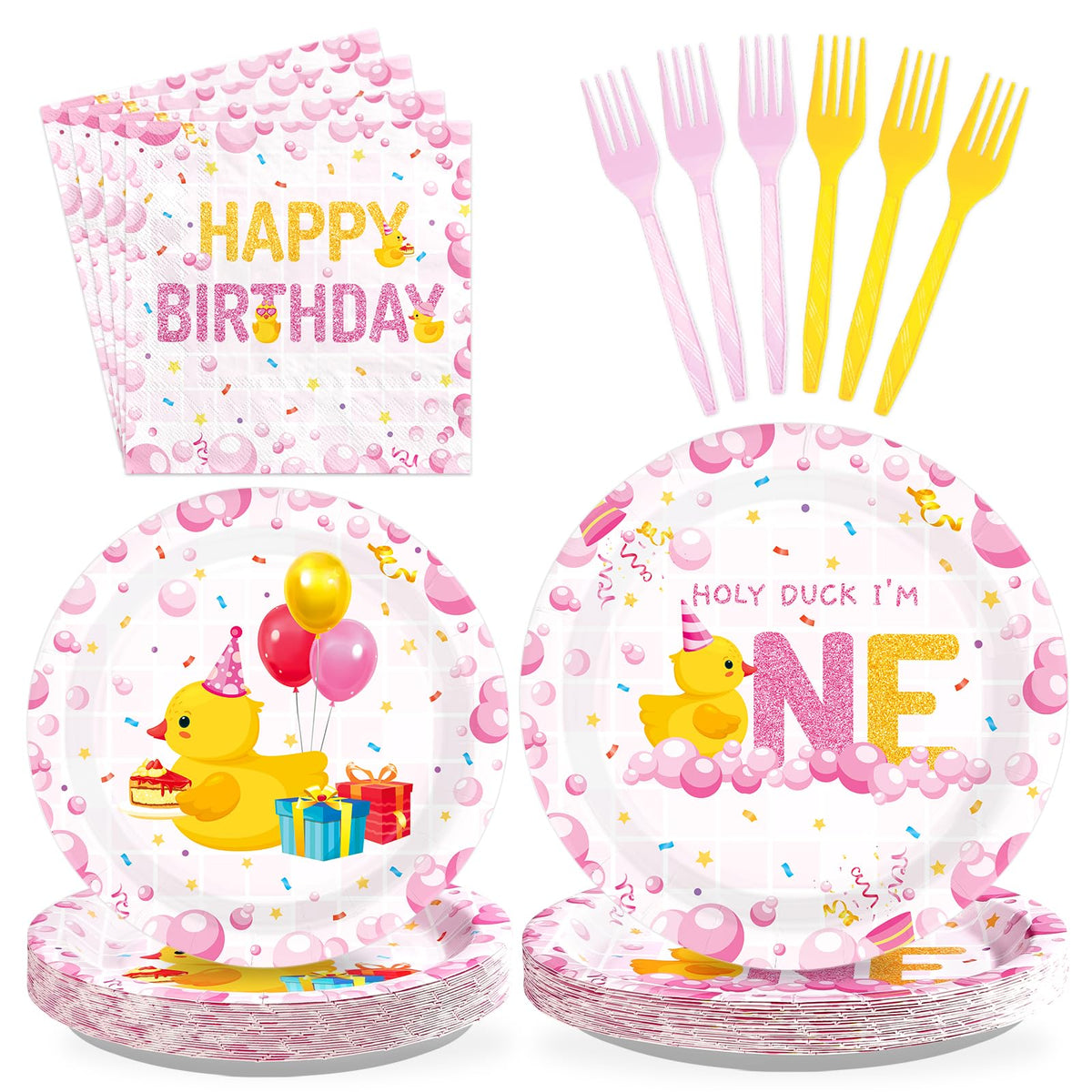 96 Pcs Holy Duck 1st Birthday Party Plates and Napkins - Grencian