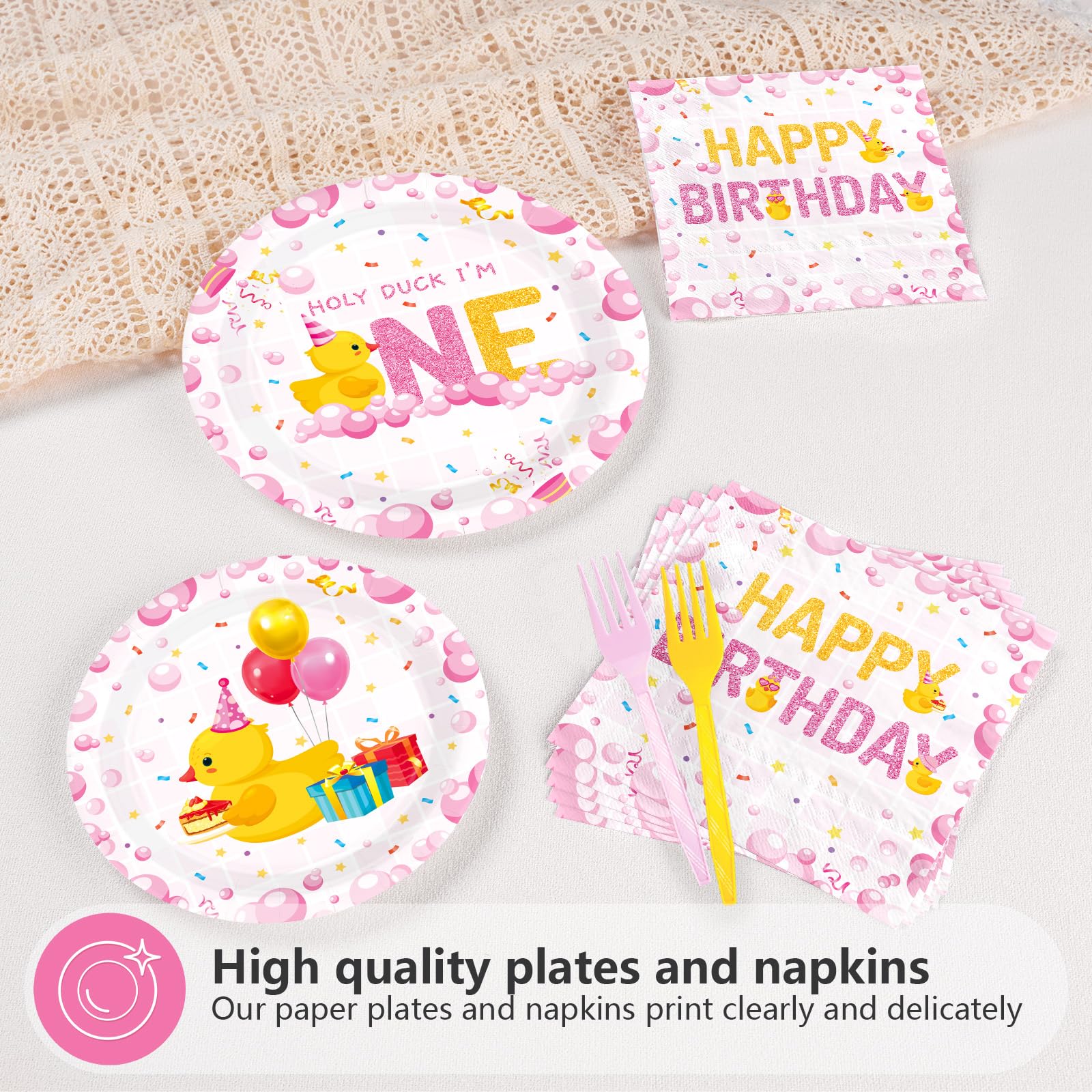 96 Pcs Holy Duck 1st Birthday Party Plates and Napkins - Grencian