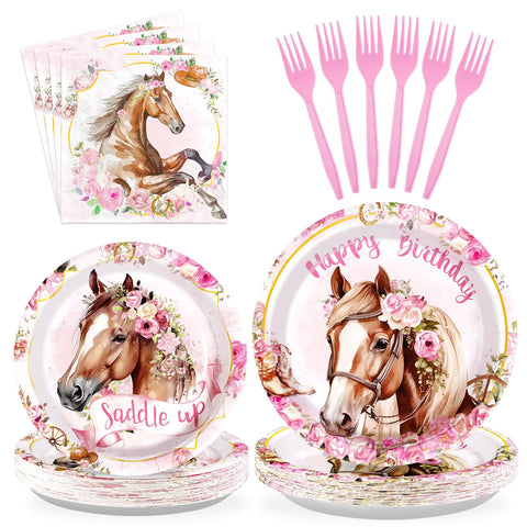 96 Pcs Horse Birthday Party Plates and Napkins - Grencian