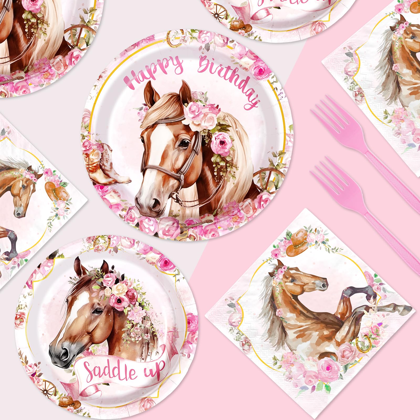 96 Pcs Horse Birthday Party Plates and Napkins - Grencian
