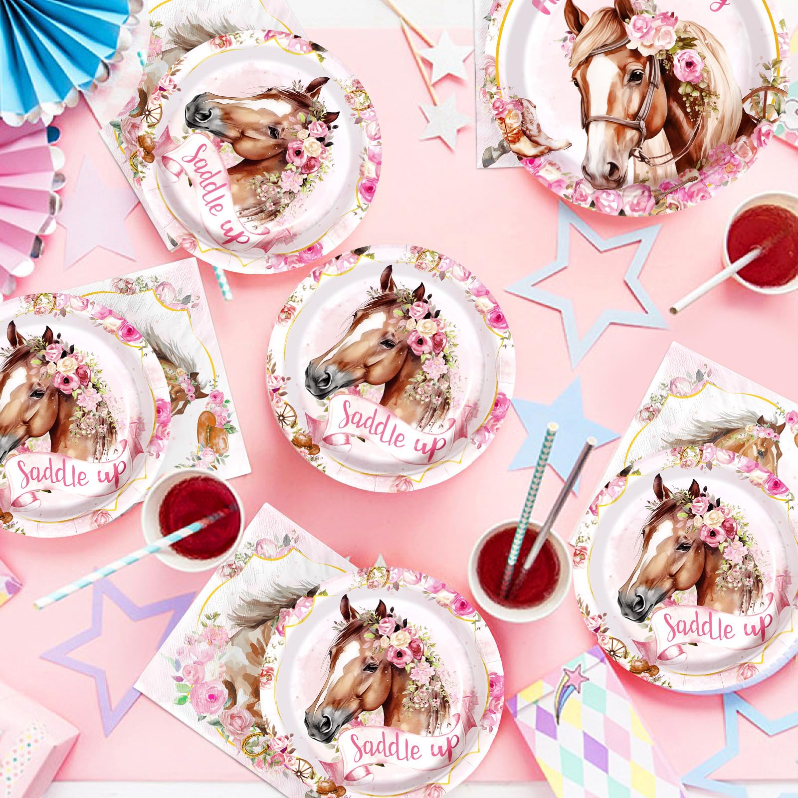 96 Pcs Horse Birthday Party Plates and Napkins - Grencian