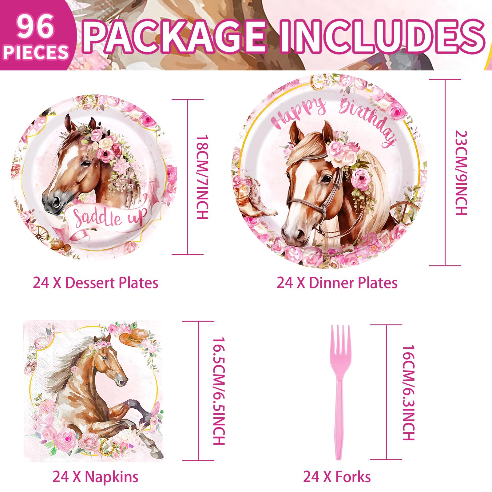 96 Pcs Horse Birthday Party Plates and Napkins - Grencian