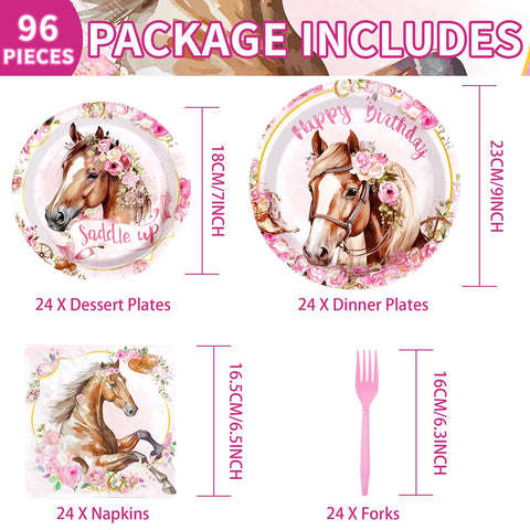 96 Pcs Horse Birthday Party Plates and Napkins - Grencian