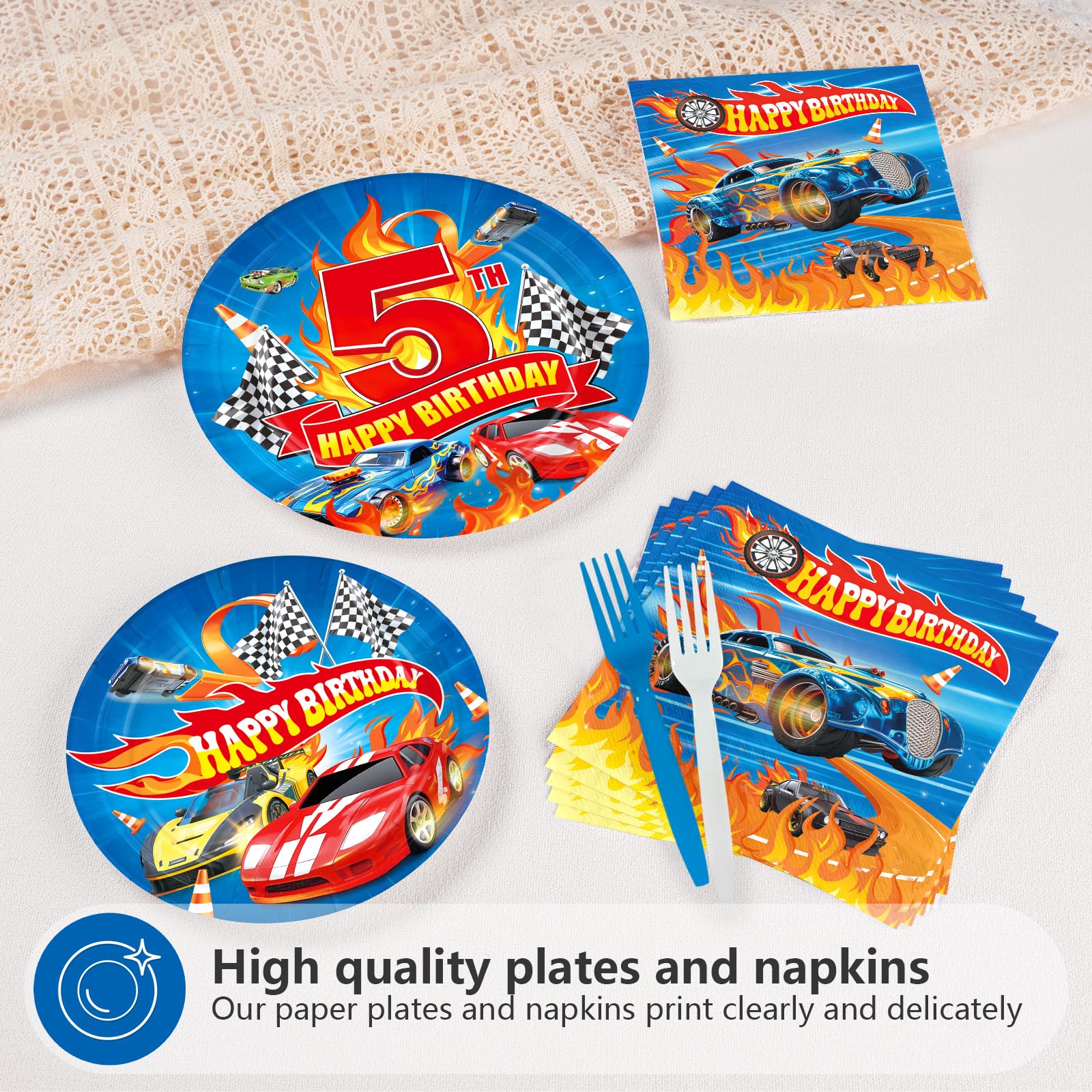 96 Pcs Hot Car 5th Birthday Party Plates and Napkins - Grencian