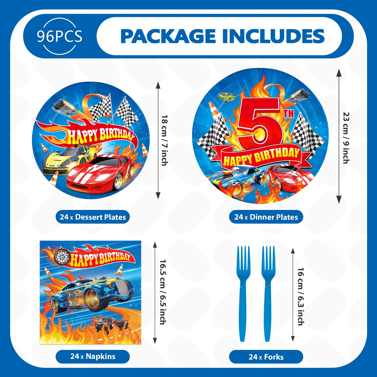 96 Pcs Hot Car 5th Birthday Party Plates and Napkins - Grencian