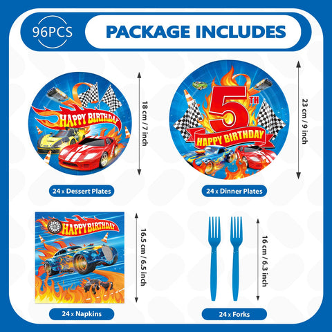 96 Pcs Hot Car 5th Birthday Party Plates and Napkins - Grencian