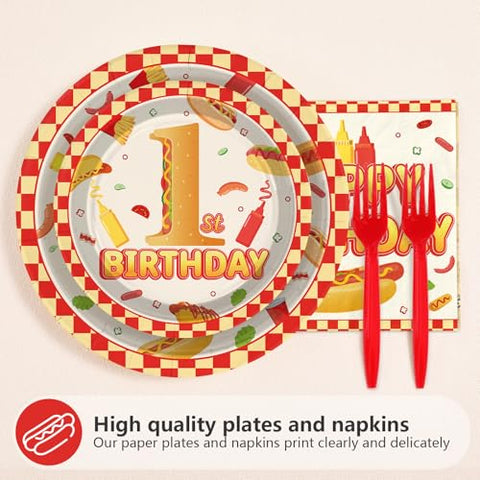 96 Pcs Hot Dog 1st Birthday Party Plates and Napkins - Grencian