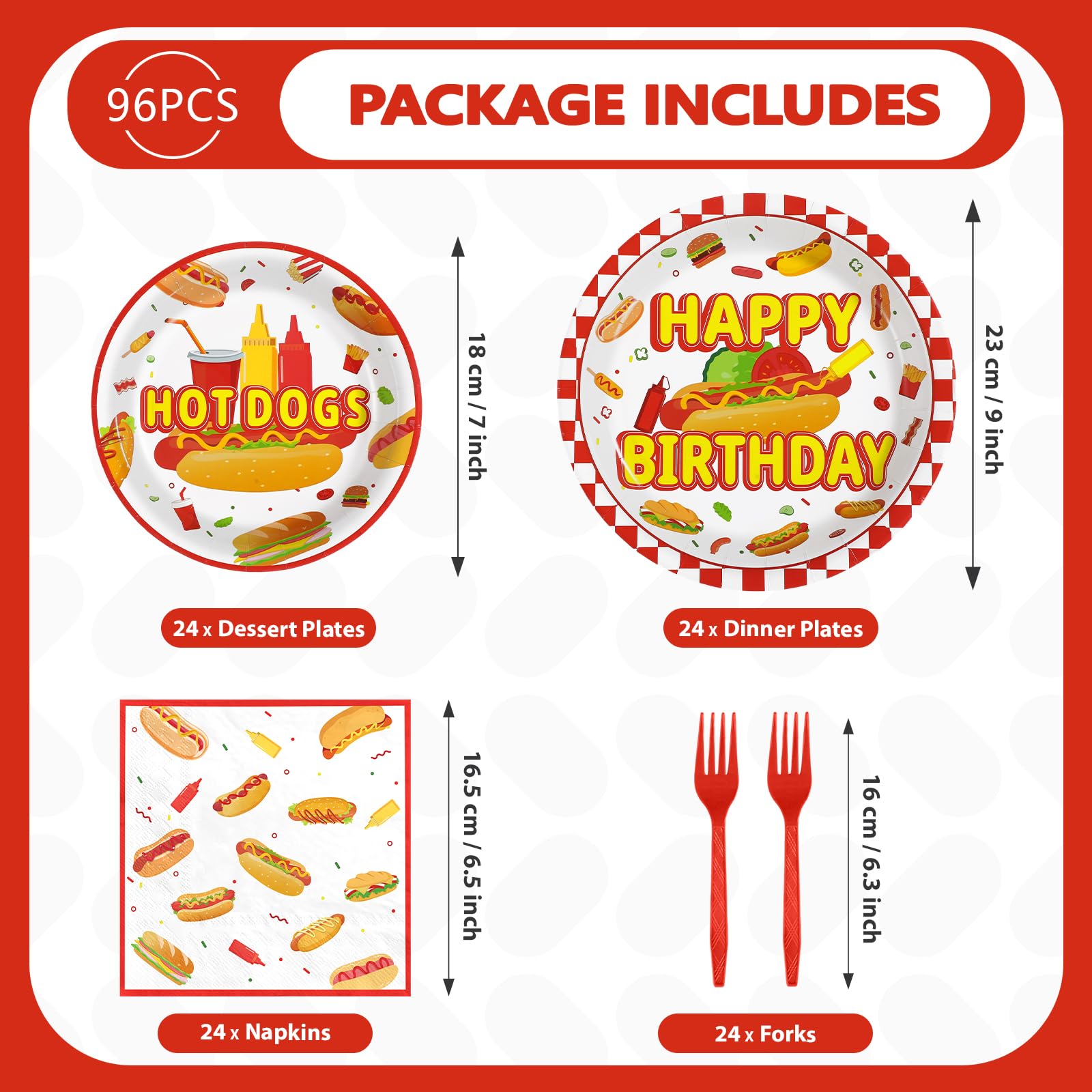 96 Pcs Hot Dog Birthday Party Plates and Napkins - Grencian