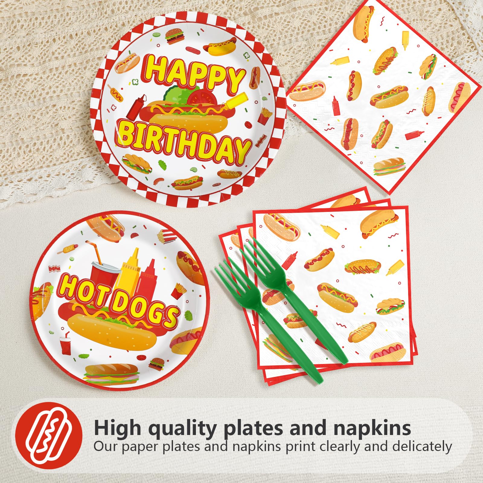 96 Pcs Hot Dog Birthday Party Plates and Napkins - Grencian
