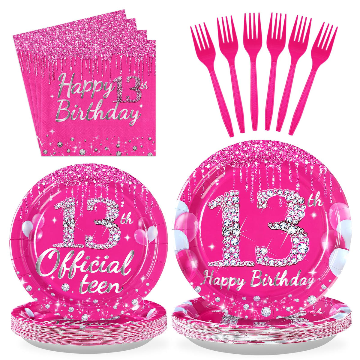 96 Pcs Hot Pink 13th Birthday Party Plates and Napkins - Grencian