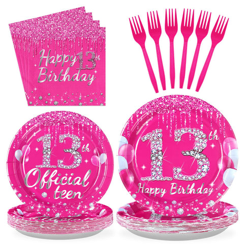96 Pcs Hot Pink 13th Birthday Party Plates and Napkins - Grencian