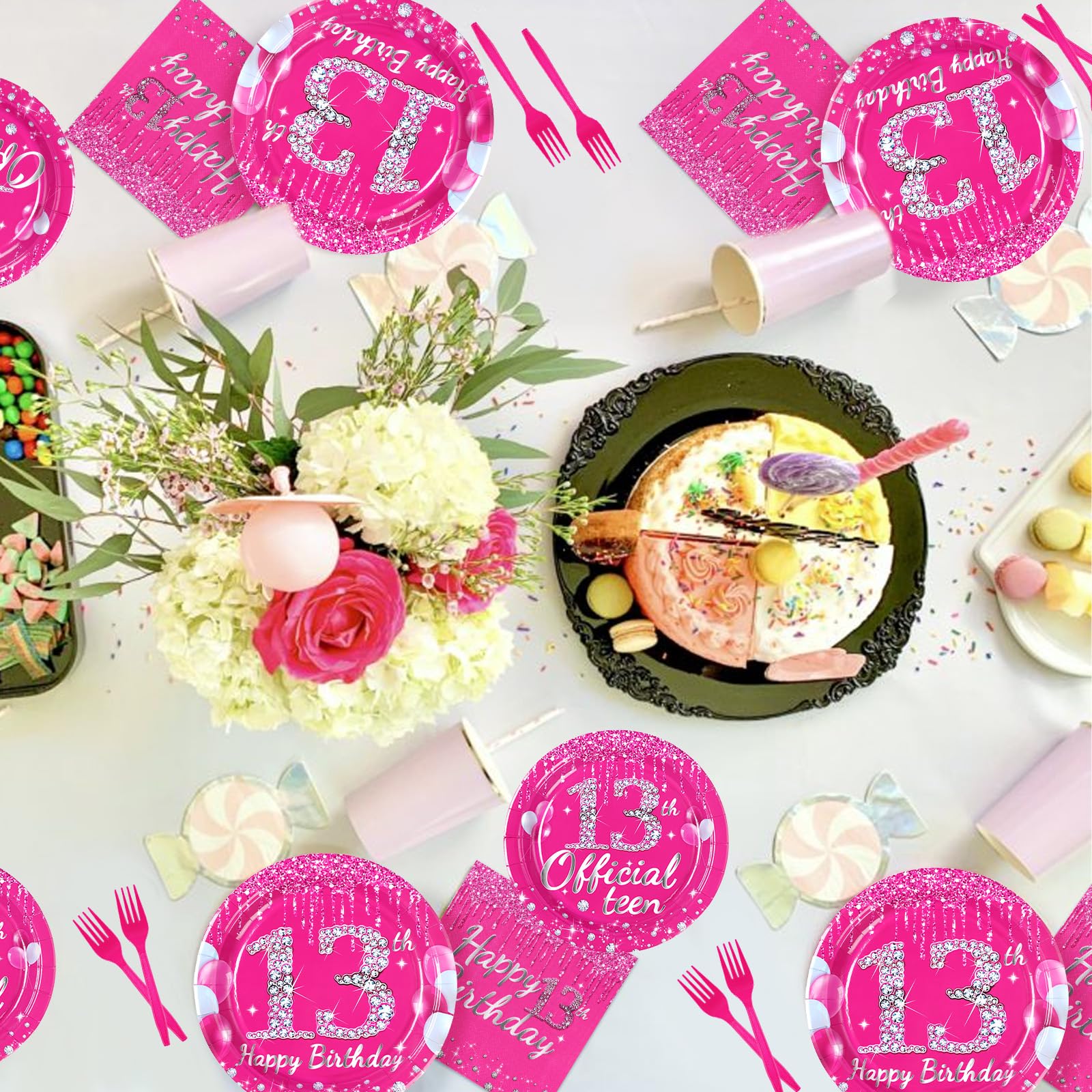 96 Pcs Hot Pink 13th Birthday Party Plates and Napkins - Grencian