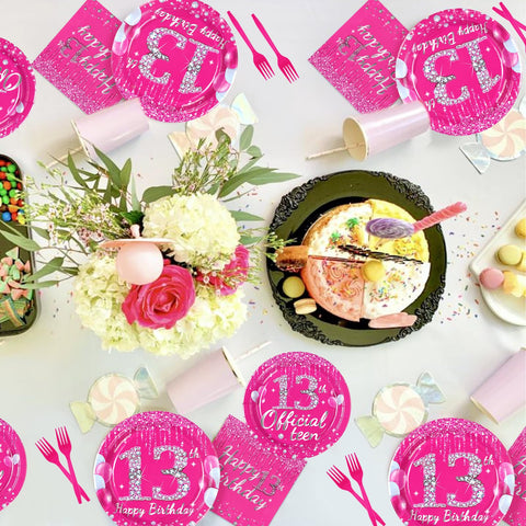 96 Pcs Hot Pink 13th Birthday Party Plates and Napkins - Grencian