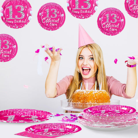 96 Pcs Hot Pink 13th Birthday Party Plates and Napkins - Grencian