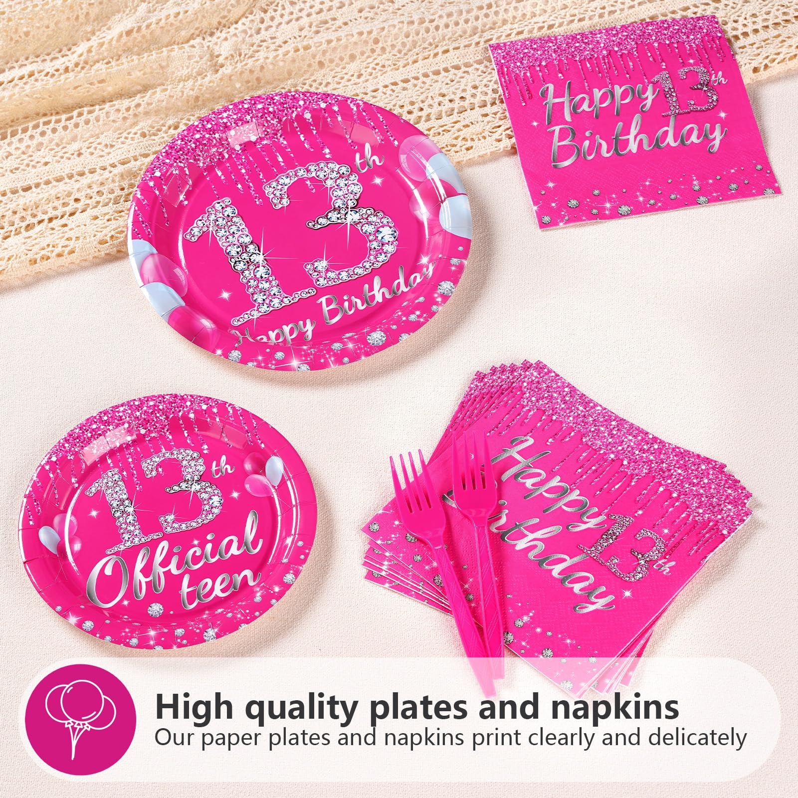 96 Pcs Hot Pink 13th Birthday Party Plates and Napkins - Grencian