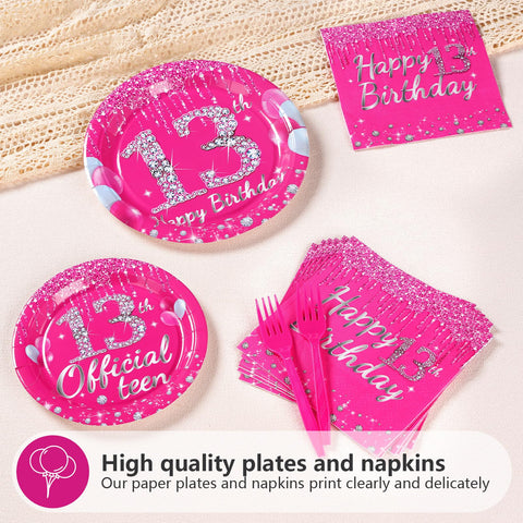 96 Pcs Hot Pink 13th Birthday Party Plates and Napkins - Grencian