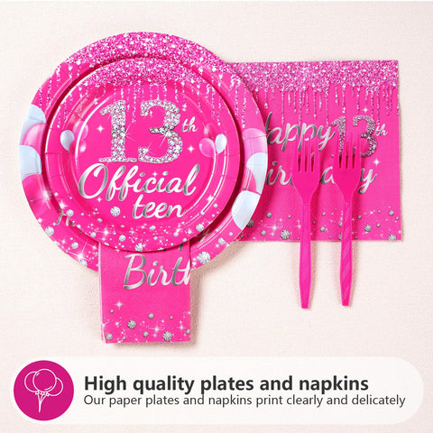 96 Pcs Hot Pink 13th Birthday Party Plates and Napkins - Grencian