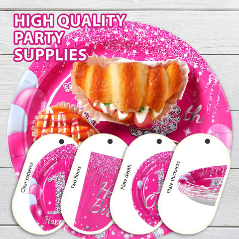 96 Pcs Hot Pink 13th Birthday Party Plates and Napkins - Grencian