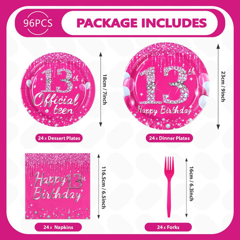 96 Pcs Hot Pink 13th Birthday Party Plates and Napkins - Grencian