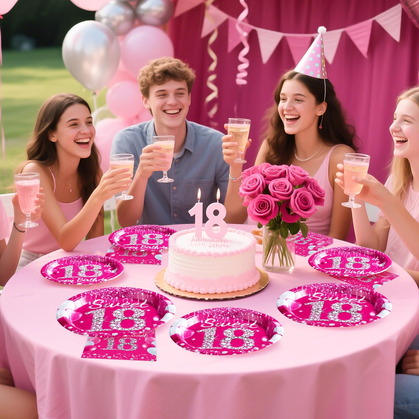 96 Pcs Hot Pink 18th Birthday Party Plates and Napkins - Grencian