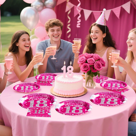 96 Pcs Hot Pink 18th Birthday Party Plates and Napkins - Grencian
