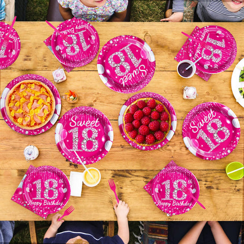 96 Pcs Hot Pink 18th Birthday Party Plates and Napkins - Grencian