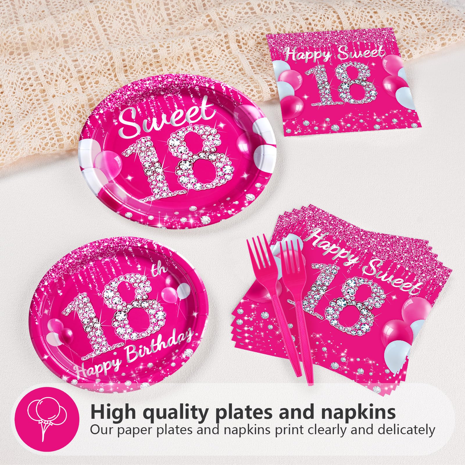 96 Pcs Hot Pink 18th Birthday Party Plates and Napkins - Grencian