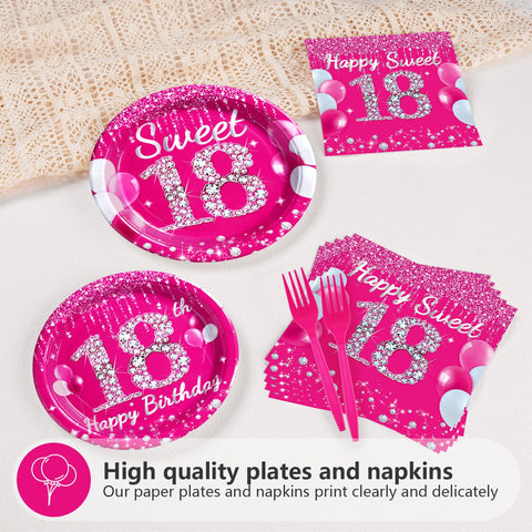96 Pcs Hot Pink 18th Birthday Party Plates and Napkins - Grencian