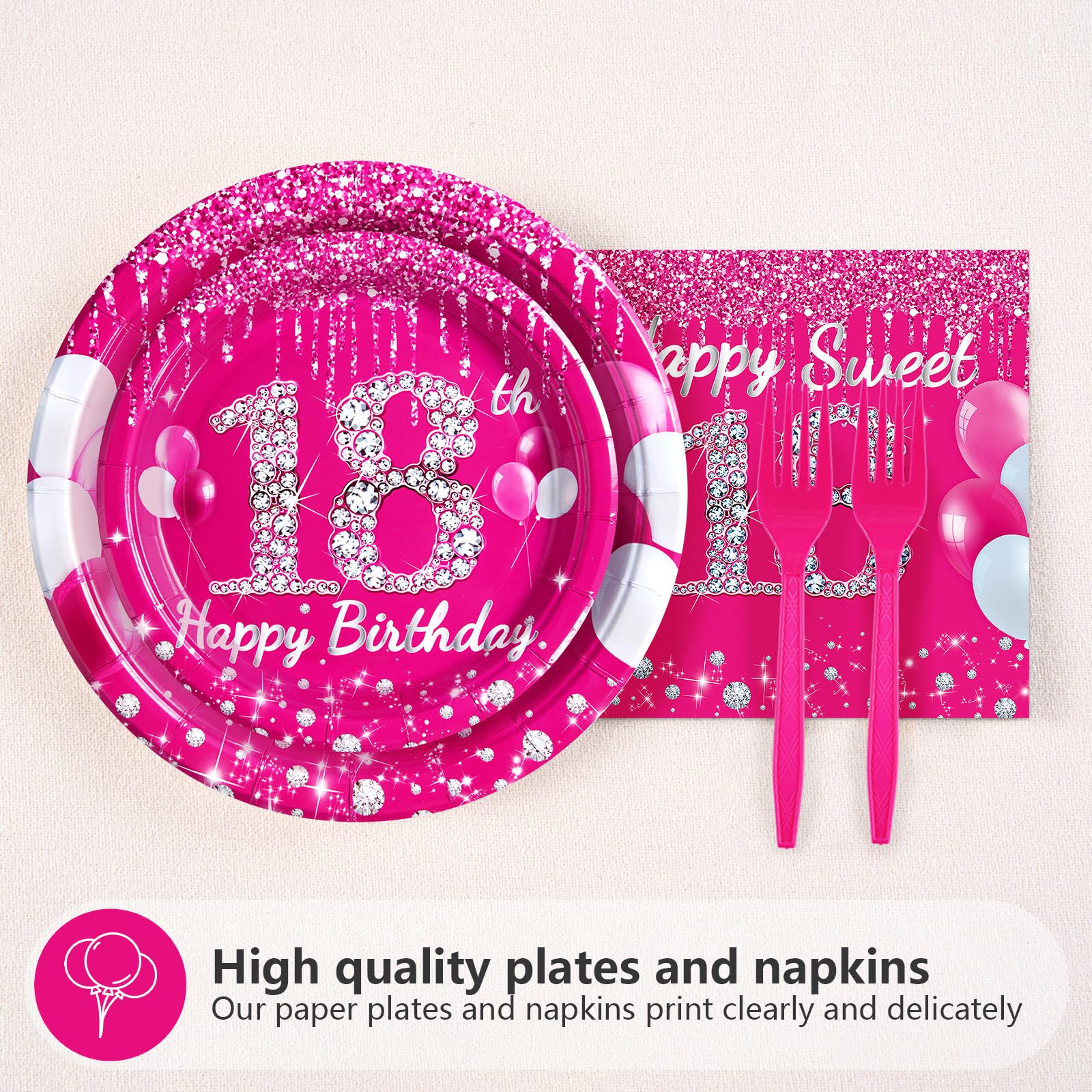 96 Pcs Hot Pink 18th Birthday Party Plates and Napkins - Grencian