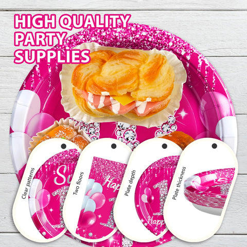 96 Pcs Hot Pink 18th Birthday Party Plates and Napkins - Grencian
