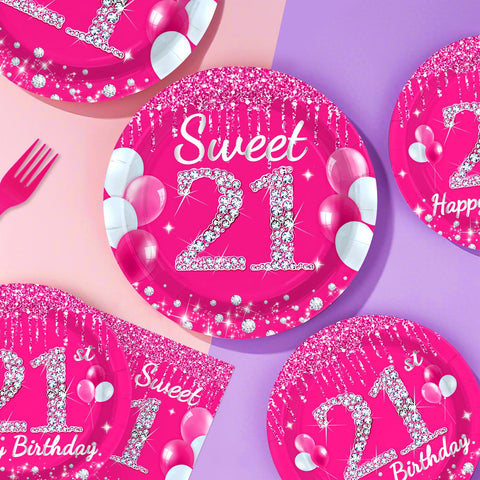 96 Pcs Hot Pink 21st Birthday Party Plates and Napkins - Grencian