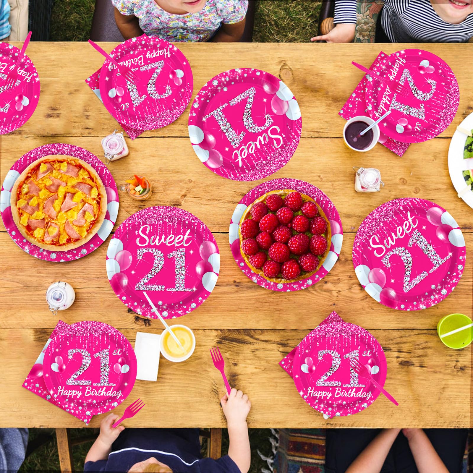 96 Pcs Hot Pink 21st Birthday Party Plates and Napkins - Grencian