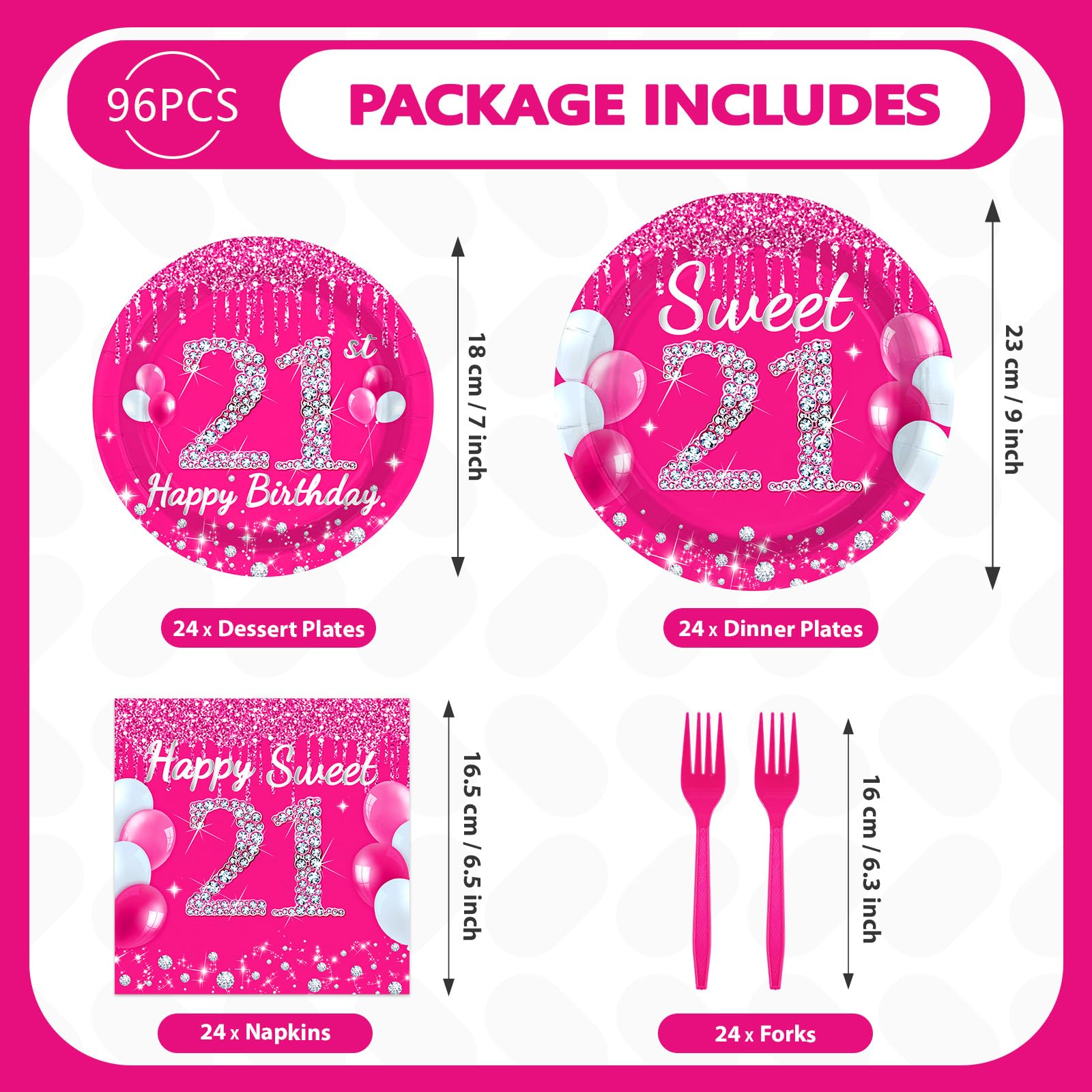 96 Pcs Hot Pink 21st Birthday Party Plates and Napkins - Grencian