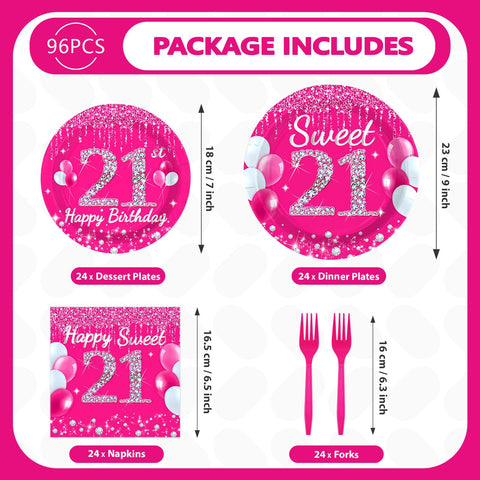 96 Pcs Hot Pink 21st Birthday Party Plates and Napkins - Grencian