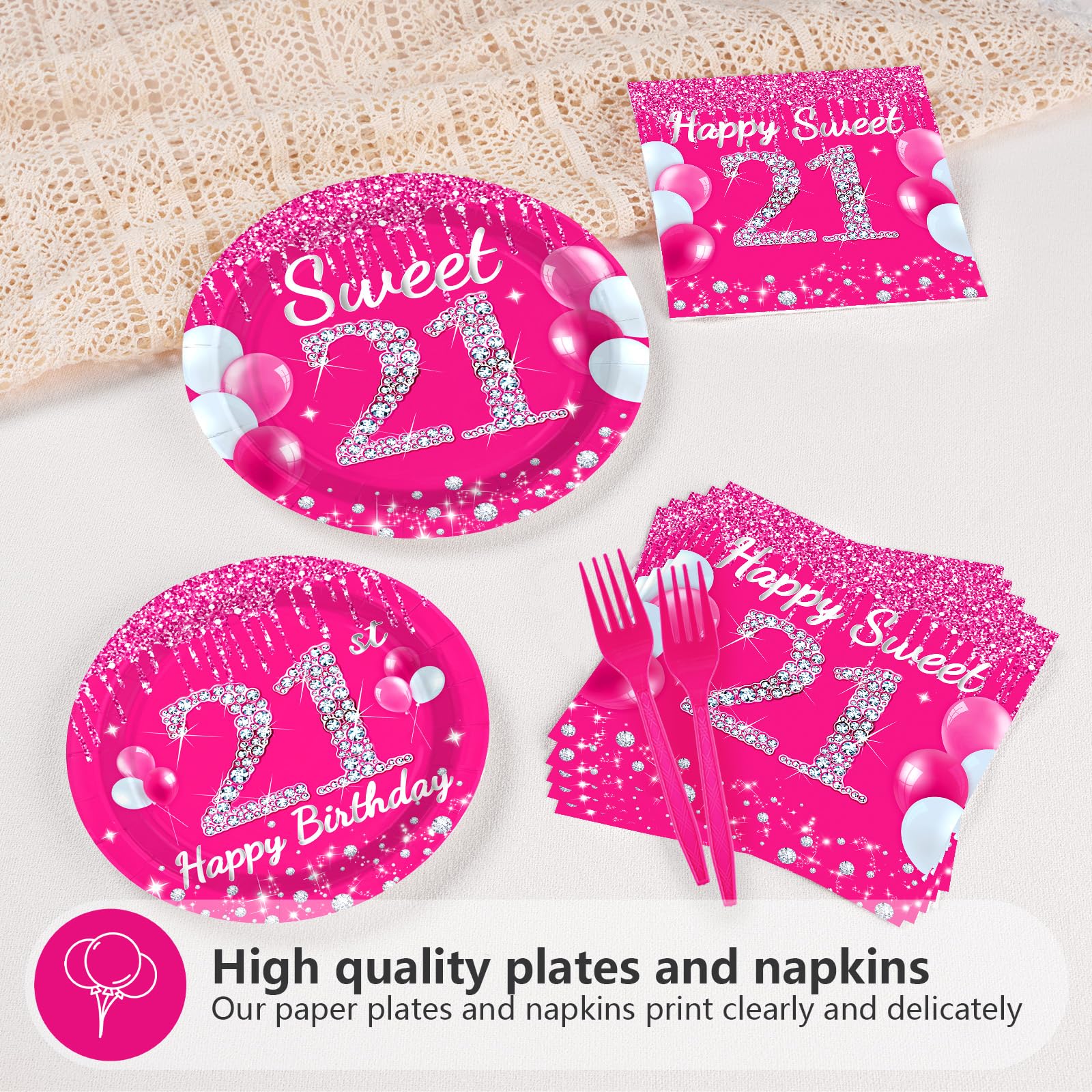 96 Pcs Hot Pink 21st Birthday Party Plates and Napkins - Grencian