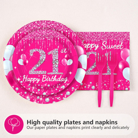 96 Pcs Hot Pink 21st Birthday Party Plates and Napkins - Grencian