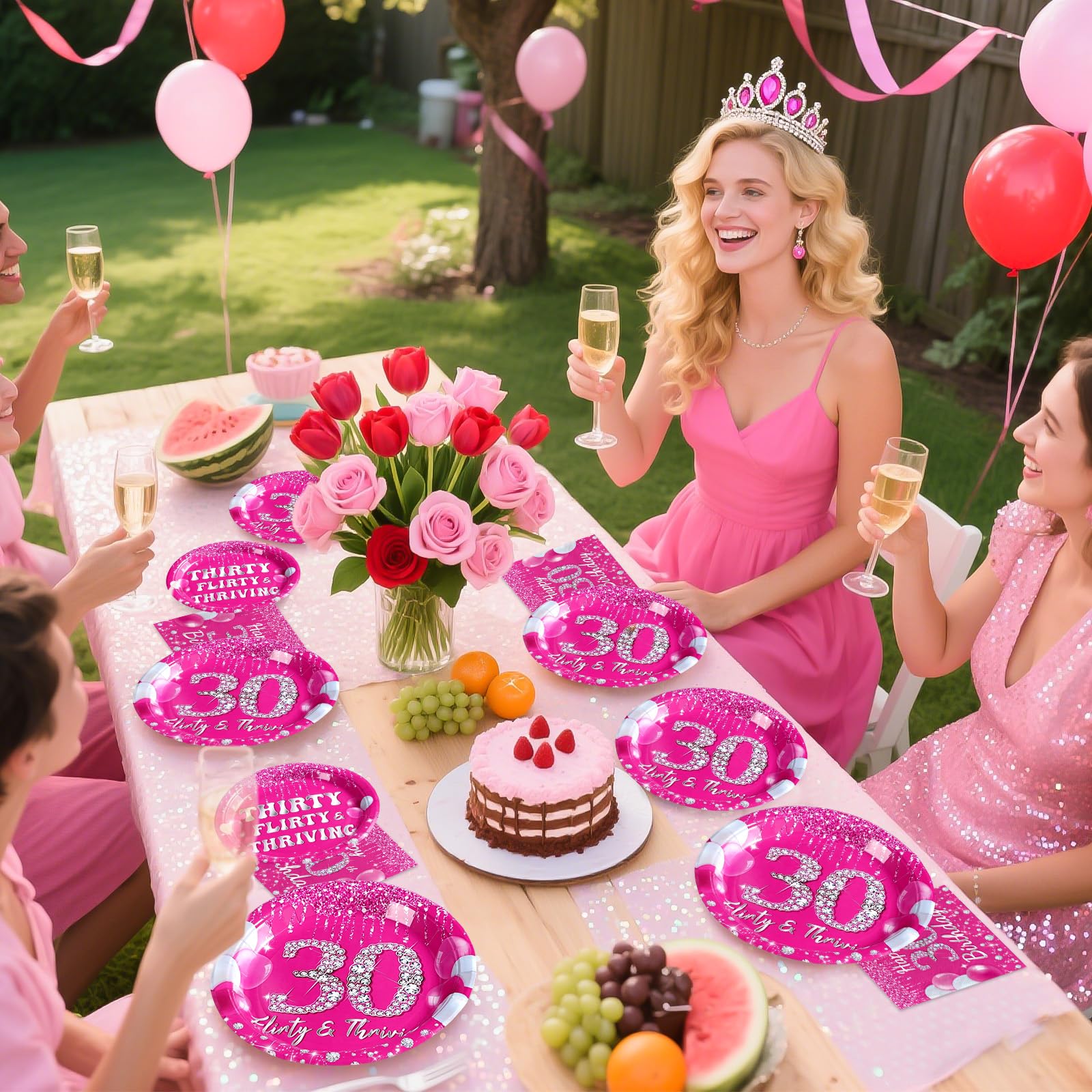 96 Pcs Hot Pink 30th Birthday Party Plates and Napkins - Grencian