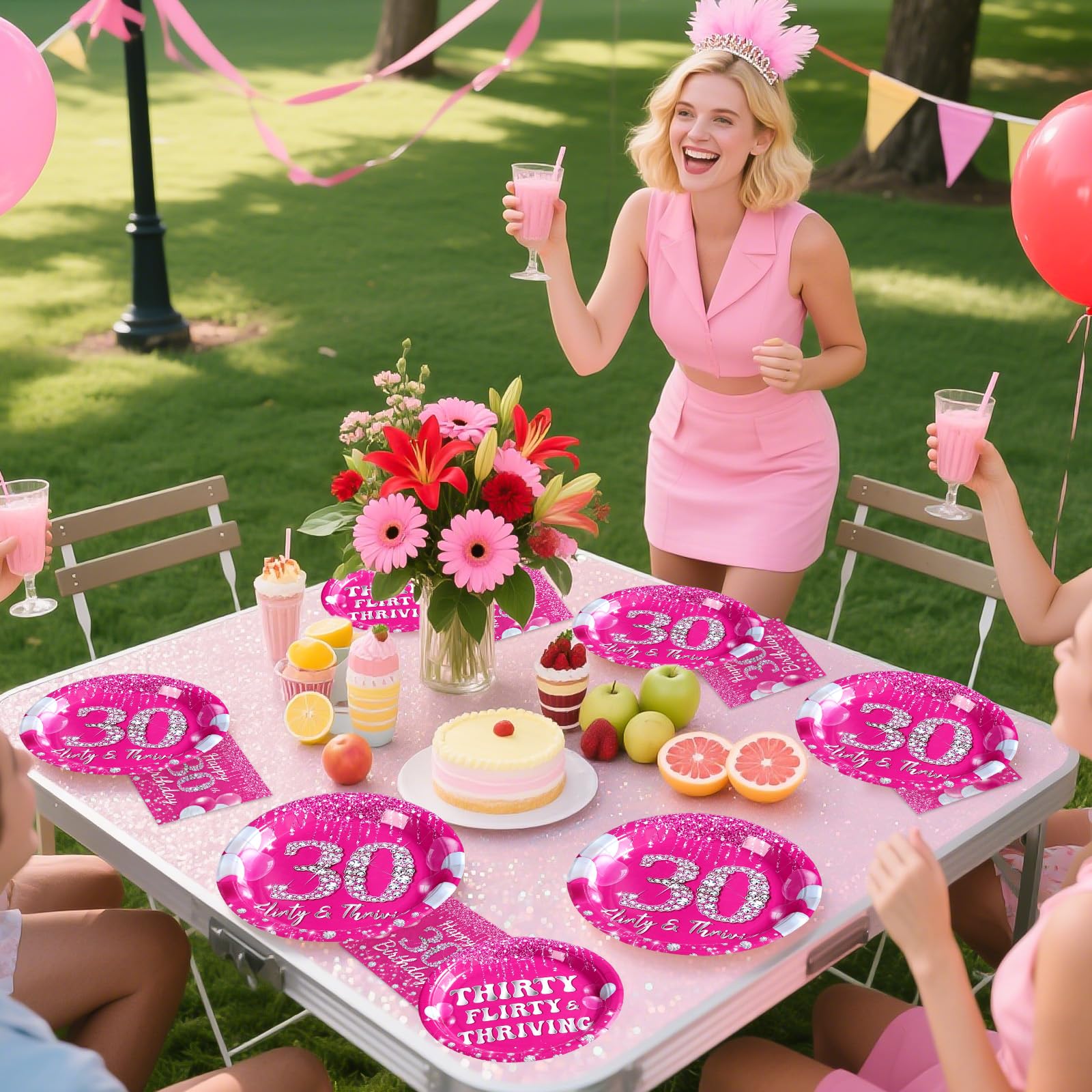 96 Pcs Hot Pink 30th Birthday Party Plates and Napkins - Grencian