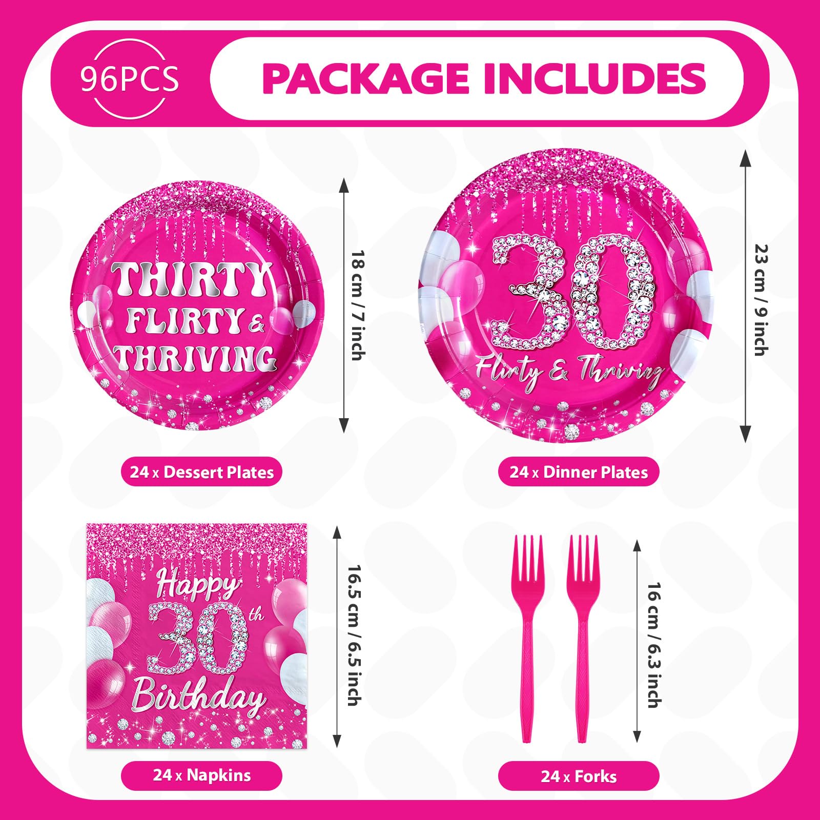 96 Pcs Hot Pink 30th Birthday Party Plates and Napkins - Grencian